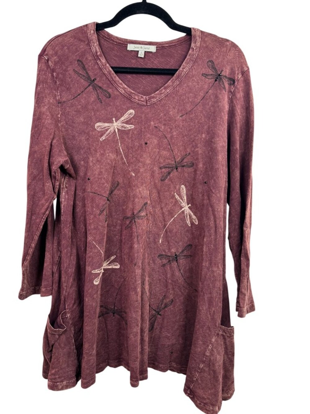 Jess & Jane Dragonfly Tunic Top Pockets Long Sleeve Womens Large Burgundy Artsy